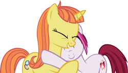Size: 5008x2868 | Tagged: safe, artist:ironm17, character:cayenne, character:citrus blush, species:pony, species:unicorn, citruyenne, cuddling, eyes closed, female, grin, hug, lesbian, shipping, simple background, smiling, snuggling, transparent background, vector