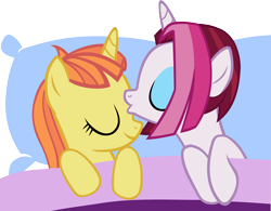 Size: 4436x3453 | Tagged: safe, artist:ironm17, character:cayenne, character:citrus blush, species:pony, species:unicorn, blanket, citruyenne, eyes closed, female, kissing, lesbian, love, pillow, shipping, simple background, smiling, transparent background, vector