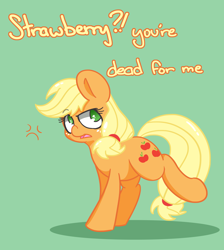 Size: 1682x1881 | Tagged: safe, artist:lou, character:applejack, angry, apple, dishonorapple, female, food, green background, no pupils, simple background, solo, strawberry, that pony sure does hate strawberries