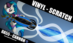 Size: 6900x4076 | Tagged: safe, artist:template93, character:dj pon-3, character:vinyl scratch, species:pony, species:unicorn, absurd resolution, female, hooves, horn, mare, smiling, solo, sunglasses, text, weapon