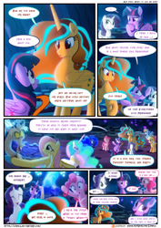 Size: 3500x4950 | Tagged: safe, artist:light262, artist:lummh, character:applejack, character:discord, character:fluttershy, character:pinkie pie, character:rainbow dash, character:rarity, character:twilight sparkle, character:twilight sparkle (alicorn), oc, oc:princess tempora, species:alicorn, species:draconequus, species:earth pony, species:pegasus, species:pony, species:unicorn, comic:timey wimey, alicorn oc, cavern, comic, dialogue, female, fourth wall, male, mane six, open mouth, raised hoof, speech bubble