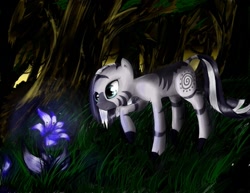 Size: 729x564 | Tagged: safe, artist:madhotaru, character:zecora, species:pony, species:zebra, everfree forest, female, flower, forest, mare, poison joke, raised hoof, solo, tree
