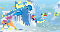 Size: 11000x6000 | Tagged: safe, artist:evilfrenzy, character:rainbow dash, character:scootaloo, oc, species:anthro, species:pegasus, species:pony, absurd resolution, clothing, cloudsdale, flying, leotard, long sleeves, uniform, wonderbolt leotard, wonderbolts, wonderbolts uniform