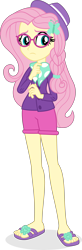 Size: 2119x6430 | Tagged: safe, artist:punzil504, character:fluttershy, episode:fake it 'til you make it, my little pony:equestria girls, braid, clothing, feet, female, flip-flops, glasses, hat, hipstershy, hot pants, legs, sandals, simple background, solo, transparent background