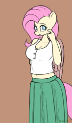 Size: 601x1024 | Tagged: safe, artist:askbumpywish, character:fluttershy, species:anthro, species:pegasus, species:pony, belly button, breasts, brown background, cleavage, clothing, explicit source, female, frown, long skirt, looking at you, mare, midriff, shirt, simple background, skirt, solo, tank top