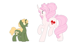 Size: 1280x720 | Tagged: safe, artist:faith-wolff, oc, oc:mariner "chibi" moon, species:pony, species:unicorn, fanfic:the bridge, age swap, chibi-usa, colt, curved horn, duo, fanfic art, female, godzilla, godzilla (series), godzilla junior, horn, kaiju pony, little godzilla, looking at each other, male, mare, ponified, role reversal, sailor moon, shocked, simple background, transparent background
