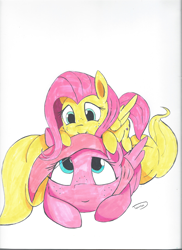 Size: 2550x3507 | Tagged: safe, artist:taurson, character:fluttershy, oc, oc:mio, species:pegasus, species:pony, duo, folded wings, freckles, looking at each other, pony pile, simple background, traditional art, wings