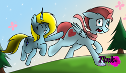 Size: 1132x658 | Tagged: safe, artist:pencil bolt, oc, oc:betterry, oc:boomber light, species:pegasus, species:pony, species:unicorn, pony town, butterfly, escape, everfree forest, female, grass, landing, male, run, running, screaming, smiling, sparkles, stars, touching, tree