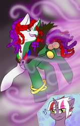 Size: 2412x3788 | Tagged: safe, artist:jolliapplegirl, oc, oc:hazy sky, oc:witch doctor, parent:twilight sparkle, species:pony, species:unicorn, adopted offspring, colt, fangs, female, foal, male, mare, mist, next generation, smoke, story included