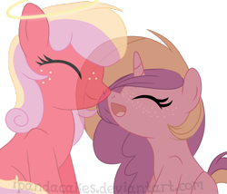 Size: 1313x1123 | Tagged: safe, artist:ipandacakes, oc, oc only, oc:ambrosia, oc:gala blossom, parent:big macintosh, parent:cheerilee, parent:sugar belle, parents:cheerimac, parents:sugarmac, species:earth pony, species:pony, species:unicorn, female, ghost, mare, nuzzling, offspring, simple background, transparent background