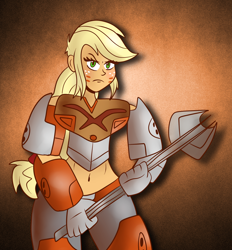 Size: 2780x3000 | Tagged: safe, artist:scobionicle99, character:applejack, my little pony:equestria girls, armor, belly button, bionicle, clothing, cosplay, costume, female, lego, midriff, pohatu, solo, unconvincing armor