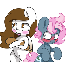 Size: 1503x1308 | Tagged: safe, artist:lou, oc, oc only, oc:dusty star major, oc:juicy dream, species:earth pony, species:pegasus, species:pony, blushing, duo, female, flirting, lesbian, mare, oc x oc, pinto, shipping, tongue out