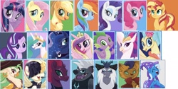 Size: 2048x1033 | Tagged: safe, artist:limedazzle, editor:php77, character:applejack, character:capper dapperpaws, character:captain celaeno, character:fluttershy, character:grubber, character:pinkie pie, character:princess cadance, character:princess celestia, character:princess luna, character:princess skystar, character:queen novo, character:rainbow dash, character:rarity, character:songbird serenade, character:spike, character:starlight glimmer, character:storm king, character:sunset shimmer, character:tempest shadow, character:twilight sparkle, character:twilight sparkle (alicorn), species:abyssinian, species:alicorn, species:anthro, species:classical hippogriff, species:earth pony, species:hippogriff, species:pegasus, species:pony, species:seapony (g4), species:unicorn, my little pony: the movie (2017), anthro with ponies, beauty mark, bow, broken horn, cape, clothing, cowboy hat, ear piercing, earring, female, hair bow, hat, jewelry, looking at you, male, mane seven, mane six, mare, piercing, pirate hat, pretty pretty tempest, regalia, wall of tags