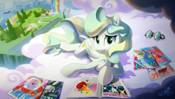 Size: 2666x1500 | Tagged: safe, artist:light262, character:applejack, character:coloratura, character:pacific glow, character:rarity, character:valley glamour, character:vapor trail, species:pegasus, species:pony, g4, academy, alternate hairstyle, applejewel, cloud, commission, cute, female, goggles, looking at you, lying down, magazine, mare, prone, punk, punkity, rainbow waterfall, reading, signature, sky, solo, vaporbetes, vertigo