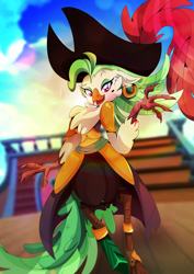 Size: 1358x1920 | Tagged: safe, artist:rariedash, character:captain celaeno, my little pony: the movie (2017), clothing, cloud, ear piercing, earring, female, hat, jewelry, mole, piercing, pirate hat, plume, raised eyebrow, ship, sky, solo