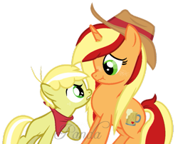 Size: 691x559 | Tagged: safe, artist:ipandacakes, base used, oc, oc only, oc:apple spritz, oc:lil' buck, parent:applejack, parent:flim, parents:flimjack, species:pony, species:unicorn, angry, bandana, clothing, colt, female, hat, male, mare, offspring, raised hoof, simple background, story included, transparent background