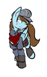 Size: 332x549 | Tagged: safe, artist:cantershirecommons, oc, oc only, oc:sorren, species:pegasus, species:pony, bandana, clothing, cutie mark, dirty, goggles, hat, scuff mark, smiling, smirk, solo, standing