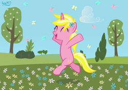 Size: 4060x2868 | Tagged: safe, artist:ironm17, character:sunshine smiles, species:pony, species:unicorn, bipedal, butterfly, cloud, eyes closed, flower, flower in hair, happy, solo, spring, tree