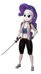 Size: 1080x1920 | Tagged: safe, artist:razethebeast, character:rarity, my little pony:equestria girls, 3d, belly button, cassie cage, clothing, cosplay, costume, fingerless gloves, gloves, midriff, mortal kombat, mortal kombat x, shoes, shorts, simple background, sneakers, source filmmaker, sports bra, sword, tights, transparent background, weapon