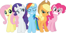 Size: 2980x1500 | Tagged: safe, artist:phucknuckl, artist:stabzor, character:applejack, character:fluttershy, character:pinkie pie, character:rainbow dash, character:rarity, species:earth pony, species:pegasus, species:pony, species:unicorn, female, grin, simple background, smiling, transparent background