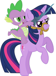 Size: 1500x2040 | Tagged: safe, artist:phucknuckl, character:spike, character:twilight sparkle, species:dragon, species:pony, episode:a dog and pony show, g4, my little pony: friendship is magic, bridle, dragons riding ponies, female, rearing, riding, simple background, smiling, tack, transparent background, weapon