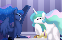 Size: 1466x945 | Tagged: safe, artist:faith-wolff, character:princess celestia, character:princess luna, species:alicorn, species:pony, crown, cup, duo, female, food, jewelry, mare, missing accessory, pancakes, regalia, royal sisters, sisters, teacup