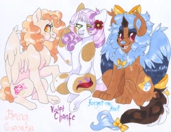Size: 3110x2419 | Tagged: safe, artist:frozensoulpony, oc, oc only, oc:brina cupcake, oc:forget-me-knot, oc:violet chante, parent:apple bloom, parent:featherweight, parent:pipsqueak, parent:scootaloo, parent:sweetie belle, parent:twist, parents:featherbloom, parents:sweetiesqueak, species:earth pony, species:pegasus, species:pony, adopted offspring, bow, female, hair bow, high res, manticore, offspring, parents:twistaloo, tail bow, traditional art