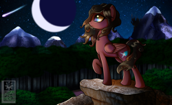 Size: 2800x1700 | Tagged: safe, artist:elmutanto, oc, oc only, oc:aya lightstreak, species:pegasus, species:pony, adventure, canterlot, commission, everfree forest, fanfic, fanfic art, female, high quality, mare, moon, mountain, night, shooting star, solo, stars, tree