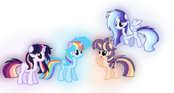 Size: 1616x864 | Tagged: safe, artist:thesmall-artist, base used, oc, oc only, oc:celestial moon, oc:colour sparkling, oc:magical apple, oc:smooth blue, parent:applejack, parent:rainbow dash, parent:twilight sparkle, parents:twidash, parents:twijack, species:alicorn, species:pegasus, species:pony, species:unicorn, female, half-siblings, magical lesbian spawn, mare, offspring, simple background, transparent background
