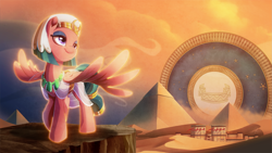 Size: 2667x1500 | Tagged: safe, artist:light262, part of a set, character:somnambula, species:pegasus, species:pony, art pack:heroes ep, g4, blindfold, clothing, desert, female, headdress, jycrow, mare, pyramid, raised hoof, solo, spread wings, wallpaper, wings