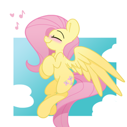 Size: 1500x1500 | Tagged: safe, artist:lou, character:fluttershy, species:pegasus, species:pony, blushing, cloud, cute, eyes closed, female, flying, happy, mare, music notes, profile, shyabetes, singing, sky, smiling, solo, spread wings, wings
