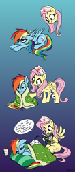 Size: 778x1775 | Tagged: safe, artist:sorcerushorserus, colorist:ironhades, edit, character:angel bunny, character:daring do, character:fluttershy, character:rainbow dash, species:pegasus, species:pony, species:rabbit, angelbetes, blue background, book, caring for the sick, color edit, colored, comfy, cute, daring do and the griffon's goblet, dashabetes, flutternurse, gradient background, lidded eyes, nurse, pillow, quilt, shyabetes, sick, simple background, sleeping, wholesome, zzz