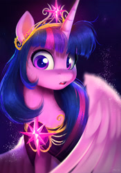 Size: 2787x3989 | Tagged: dead source, safe, artist:imalou, character:twilight sparkle, character:twilight sparkle (alicorn), species:alicorn, species:pony, 2018, cheek fluff, clothing, cute, detailed, ear fluff, element of magic, everfree northwest, female, fluffy, glow, gradient background, leg fluff, looking at you, mare, neck fluff, open mouth, solo, sparkles, spread wings, twiabetes, wide eyes, wings