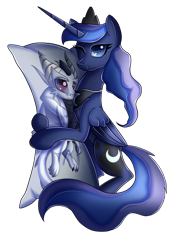 Size: 1228x1677 | Tagged: safe, artist:elmutanto, character:princess luna, oc, oc:nugget, species:alicorn, species:dragon, species:pony, body pillow, female, implied canon x oc, looking at you, mare, simple background, smiling, solo, transparent background