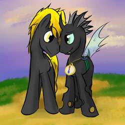 Size: 2000x2000 | Tagged: safe, artist:fuzebox, oc, oc only, oc:nictis, oc:spark wheel, species:changeling, species:earth pony, species:pony, fanfic:without a hive, changeling oc, duo, fanfic art, gay, male, smiling, stallion