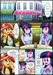 Size: 1485x2091 | Tagged: safe, artist:pshyzomancer, character:sunset shimmer, character:twilight sparkle, character:twilight sparkle (scitwi), species:eqg human, comic:physiology testing, my little pony:equestria girls, ..., breasts, chocolate, chocolate milk, cleavage, colored, comic, confident, explicit series, happy, milk, milkshake, smiling, sugarcube corner