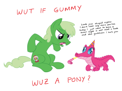 Size: 1200x900 | Tagged: safe, artist:equestria-prevails, character:gummy, character:pinkie pie, species:earth pony, species:pony, angry, clothing, duo, gatorfied, gummy pie, hat, male, meme, party hat, party horn, ponified, ponified pony pets, role reversal, simple background, species swap, stallion, transparent background, vulgar, wut if gummy wuz a meme