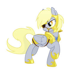 Size: 2000x2000 | Tagged: safe, artist:equestria-prevails, character:derpy hooves, species:pegasus, species:pony, armor, bridle, epic derpy, eyepatch, female, general derpy, high res, looking back, mare, raised hoof, simple background, solo, transparent background
