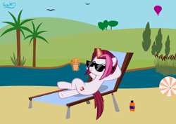 Size: 4060x2868 | Tagged: safe, artist:ironm17, character:cayenne, species:earth pony, species:pony, species:unicorn, arm behind head, beach ball, beach chair, cocktail umbrella, drink, eyes closed, female, glasses, hot air balloon, lying down, magic, magic aura, palm tree, relaxing, solo, summer, sunglasses, tree