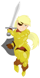 Size: 1275x2475 | Tagged: safe, artist:equestria-prevails, character:derpy hooves, species:human, armor, eyepatch, female, general derpy, humanized, running, shield, simple background, solo, sword, transparent background, weapon