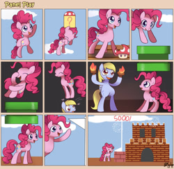 Size: 1400x1358 | Tagged: safe, artist:solar-slash, character:derpy hooves, character:pinkie pie, species:earth pony, species:pegasus, species:pony, comic, female, fire, mare, panel play, super mario bros.