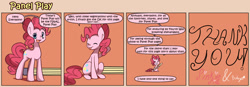 Size: 1400x489 | Tagged: safe, artist:solar-slash, character:pinkie pie, species:earth pony, species:pony, comic, female, mare, panel play, sitting, smiling, solo, tongue out