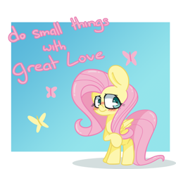 Size: 1500x1439 | Tagged: safe, artist:lou, character:fluttershy, species:pegasus, species:pony, blushing, butterfly, cute, female, kindness, love, motivational, shyabetes, standing