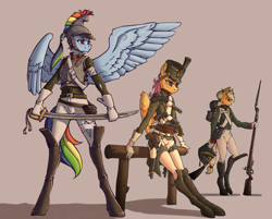 Size: 1984x1598 | Tagged: safe, artist:madhotaru, character:applejack, character:rainbow dash, character:scootaloo, species:anthro, species:earth pony, species:pegasus, species:pony, species:unguligrade anthro, bayonet, boots, clothing, cuirassiers, empire period, female, fence, flintlock, gloves, gun, handgun, hat, leaning, mare, military, military uniform, musket, napoleonic wars, older, older scootaloo, pistol, rifle, russian, saber, shoes, simple background, soldier, spread wings, sword, tan background, trio, uniform, weapon, wings