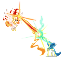 Size: 6000x5600 | Tagged: safe, artist:orin331, character:daybreaker, character:princess celestia, character:queen chrysalis, species:alicorn, species:changeling, species:pony, species:reformed changeling, absurd resolution, beam struggle, blast, changeling queen, duo, female, magic, magic beam, magic blast, mane of fire, mare, merged daybreaker, merged zamasu, purified chrysalis, role reversal, simple background, transparent background