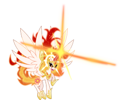 Size: 5000x4142 | Tagged: safe, artist:orin331, character:daybreaker, character:nightmare star, character:princess celestia, species:pony, absurd resolution, female, flying, glowing horn, halo, magic, mane of fire, mare, merged daybreaker, merged zamasu, simple background, solo, the inferno has been doubled, transparent background, two flaming sunponies