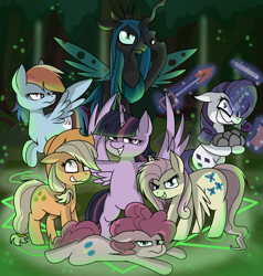 Size: 1624x1708 | Tagged: dead source, safe, artist:pencil bolt, character:fluttershy, character:mean applejack, character:mean fluttershy, character:mean pinkie pie, character:mean rainbow dash, character:mean rarity, character:mean twilight sparkle, character:queen chrysalis, character:rainbow dash, species:alicorn, species:earth pony, species:pegasus, species:pony, species:unicorn, episode:the mean 6, g4, my little pony: friendship is magic, clone, clone six, everfree forest, evil grin, evil rainbow dash, female, glowing horn, greedity, grin, i'm surrounded by idiots, looking at you, magic, mare, rock, shovel, smiling, telekinesis, tree, unamused