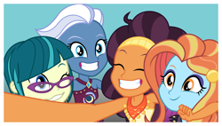 Size: 11589x6573 | Tagged: safe, artist:punzil504, character:juniper montage, character:night glider, character:saffron masala, character:sassy saddles, my little pony:equestria girls, absurd resolution, beautiful, clothing, cute, equestria girls-ified, eyes closed, glasses, glideabetes, junibetes, saffronbetes, sassybetes, selfie, smiling