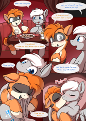 Size: 1060x1500 | Tagged: safe, artist:theparagon, oc, oc:kiva, oc:snowy, species:pony, alcohol, blushing, crying, eyes closed, female, food, fork, glass, hug, kissing, looking at each other, love, male, oc x oc, pasta, robot, robot pony, shipping, sitting, smiling, snowva, straight, table, tears of joy, wine, wine glass