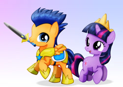 Size: 1600x1131 | Tagged: safe, artist:jucamovi1992, character:flash sentry, character:twilight sparkle, species:pony, ship:flashlight, armor, colt, cute, diasentres, female, filly, filly twilight sparkle, foal, laughing, male, royal guard, shipping, smiling, straight, sword, twiabetes, twilight wants to be a princess, weapon, young, younger